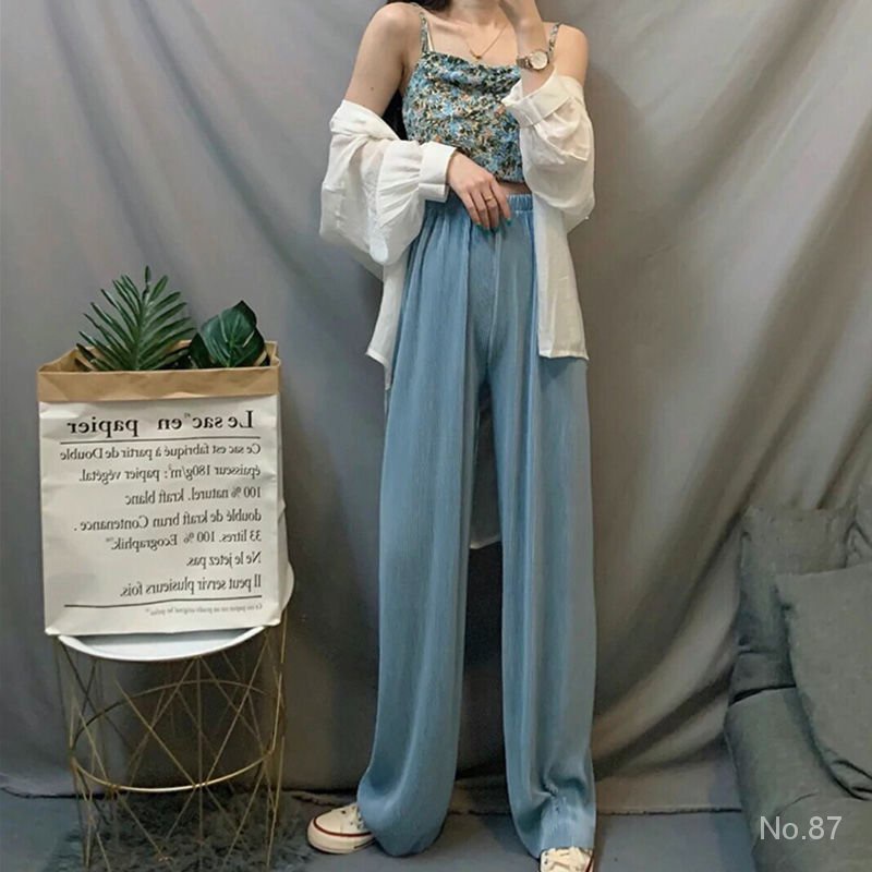 Quần ống rộng xếp ly lưng cao chất liệu lụa mát thời trang