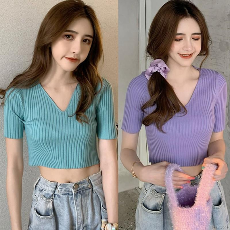 Áo croptop dệt kim tay ngắn thiết kế cổ chữ V nữ tính