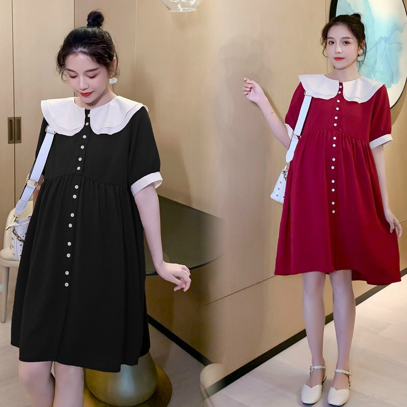 Váy bầu thiết kế thu đông nơ cổ tay phối ren mềm mại MB 172 chất liệu Nhung tuyết freesize 45-75kg