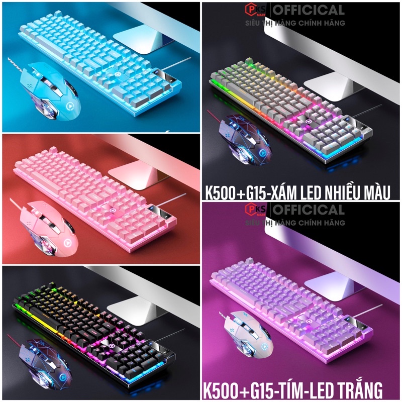 ☾Bàn Phím Chuột Gaming Có Dây Giả Cơ YINOIAO K500 Và G15 LED Xuyên Chữ Cao Cấp Mix Màu Trắng Xanh Đen Nhám Hồng Tím