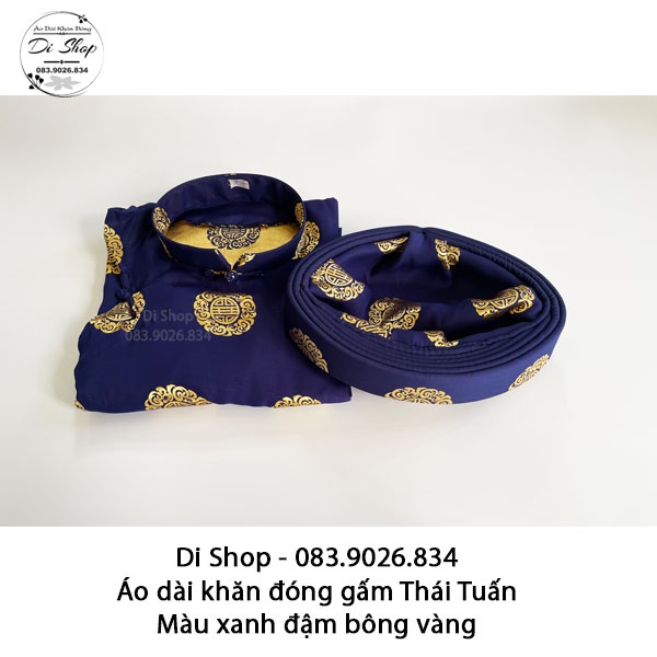 Áo dài khăn đóng truyền thống nam  vải gấm Thái Tuấn chính hãng - MÀU XANH ĐẬM BÔNG VÀNG
