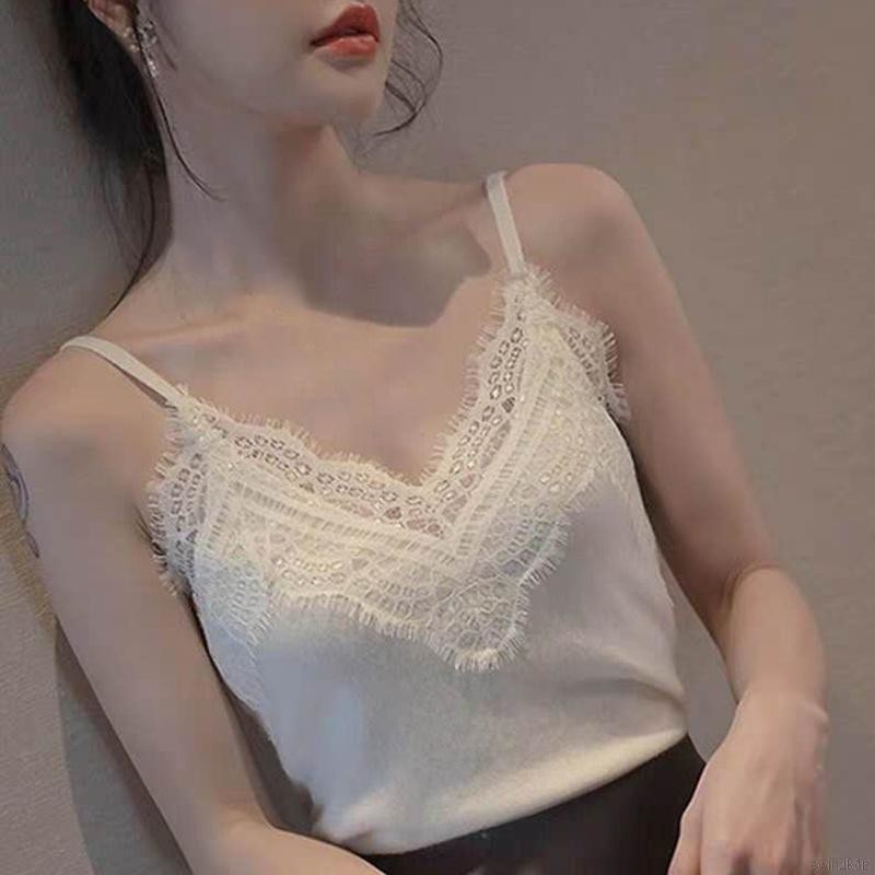 Áo sát nách dệt kim phối ren hoa thiết kế ôm dáng thời trang quyến rũ