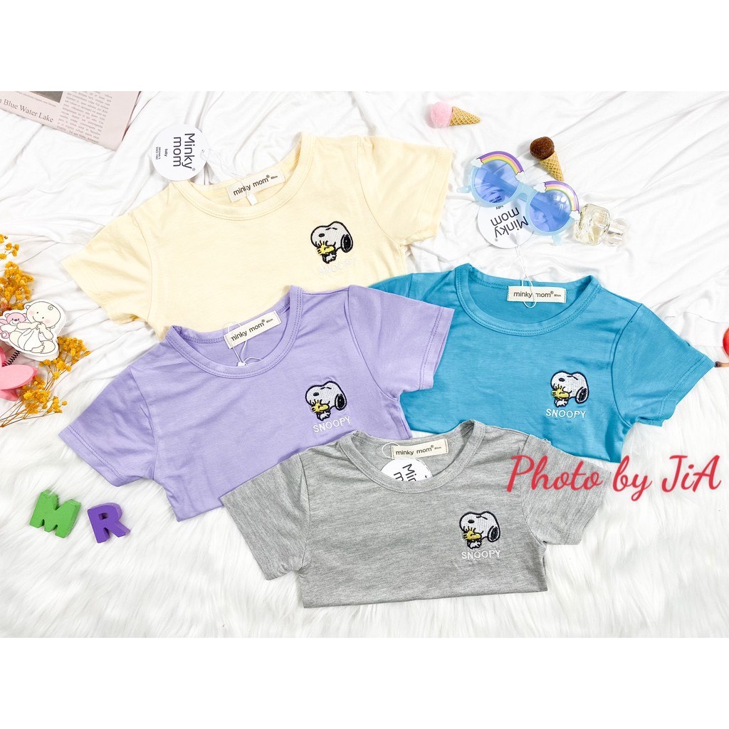 Bộ Tay Cộc, Quần Alibaba Thun lạnh MINKY MOM Màu Trơn Thêu Hình Chó Snoopy Cho Bé Loại 1 Mềm Mát, Thoải Mái