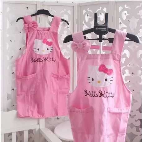 Tạp dề cotton chống dầu chống nước bẩn in hình Hello Kitty màu hồng dễ thương dành cho người lớn