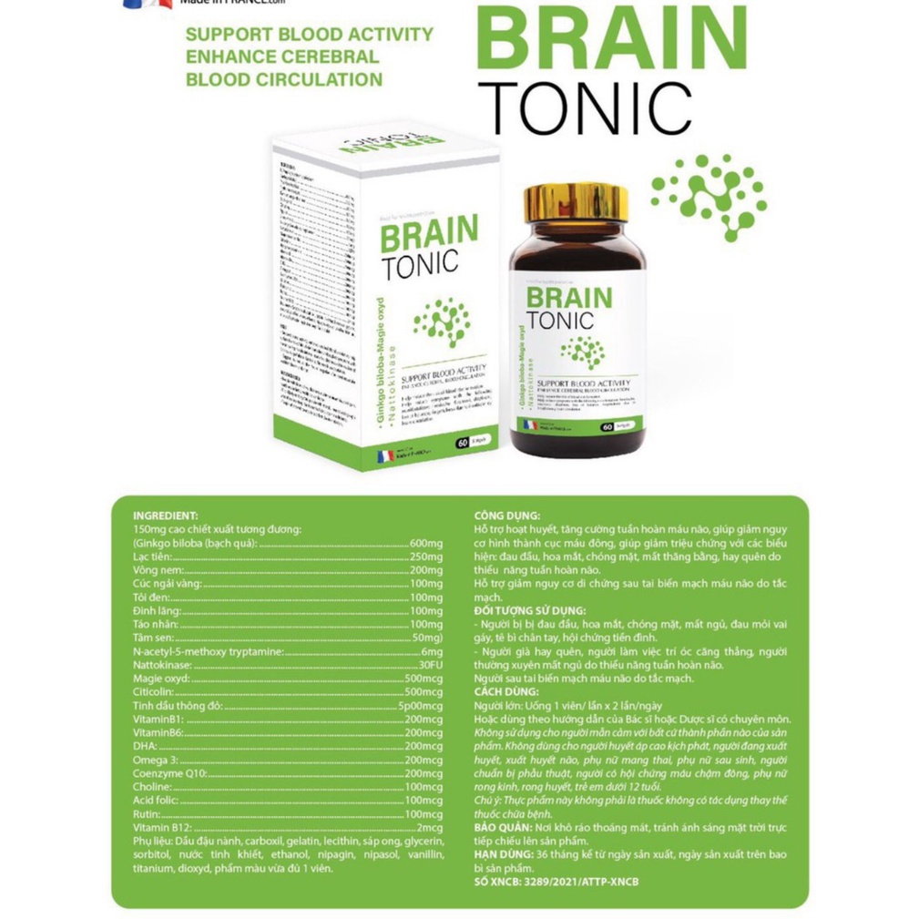 Viên Uống bổ não BRAIN TONIC-Tăng cường lưu thông tuần hoàn máu não-Giúp giảm nguy cơ hình thành cục máu đông L/60