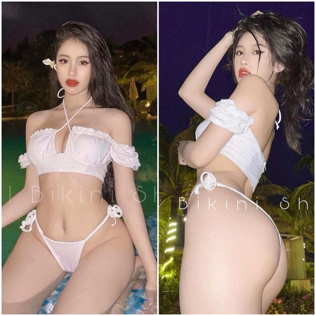 Bikini nữ 2 mảnh tay cộc trễ vai bèo quần tam giác và cạp cao R08