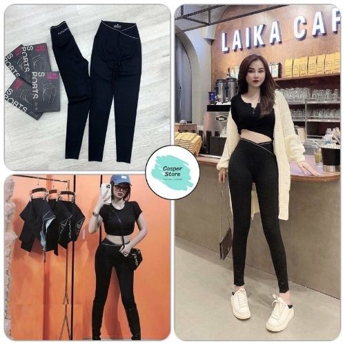 Quần Legging Cạp Chéo Viền Nữ  ⚡ Casper.Store | FREESHIP | ⚡ Skinny dài body dáng ôm màu đen trơn basic