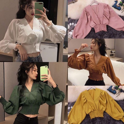 ÁO croptop tay dài phối với cổ V cùng với phần bo nhúng ở eo và tay phù hợp cho bạn nữ thích áo cổ v bo nhúng