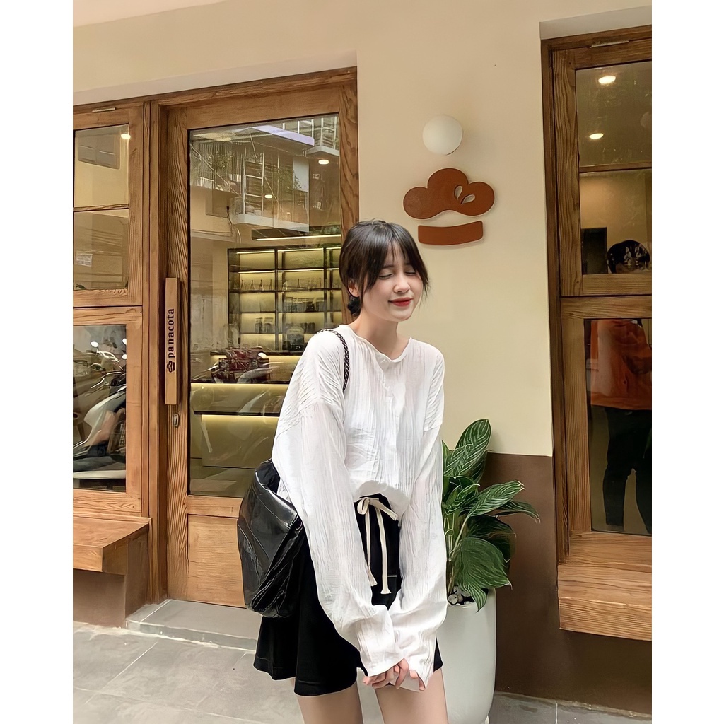 Áo Thun Nữ Cổ Tròn Dáng Suông Vải Xốp Gân Dài Tay 3 Màu Siêu Basic