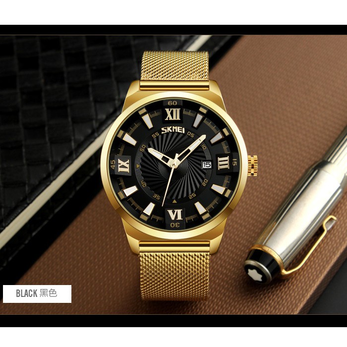 Đồng Hồ Quartz Nam SKMEI 9166 Chống Thấm Nước, Chất Liệu Thép Không Gỉ Mạ Vàng