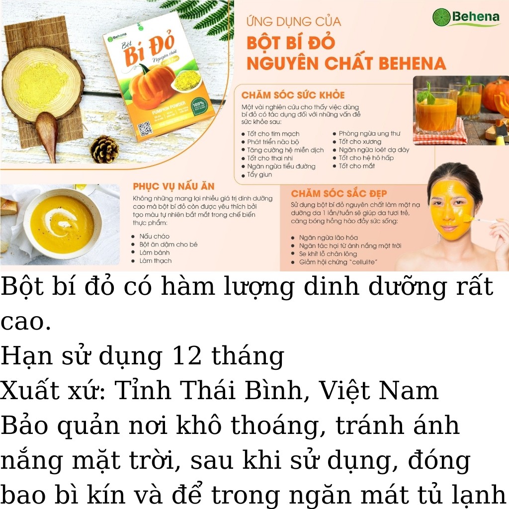 Bột bí đỏ Behena - Bột Ăn Dặm Cho Bé, Tốt Cho Da, Mắt