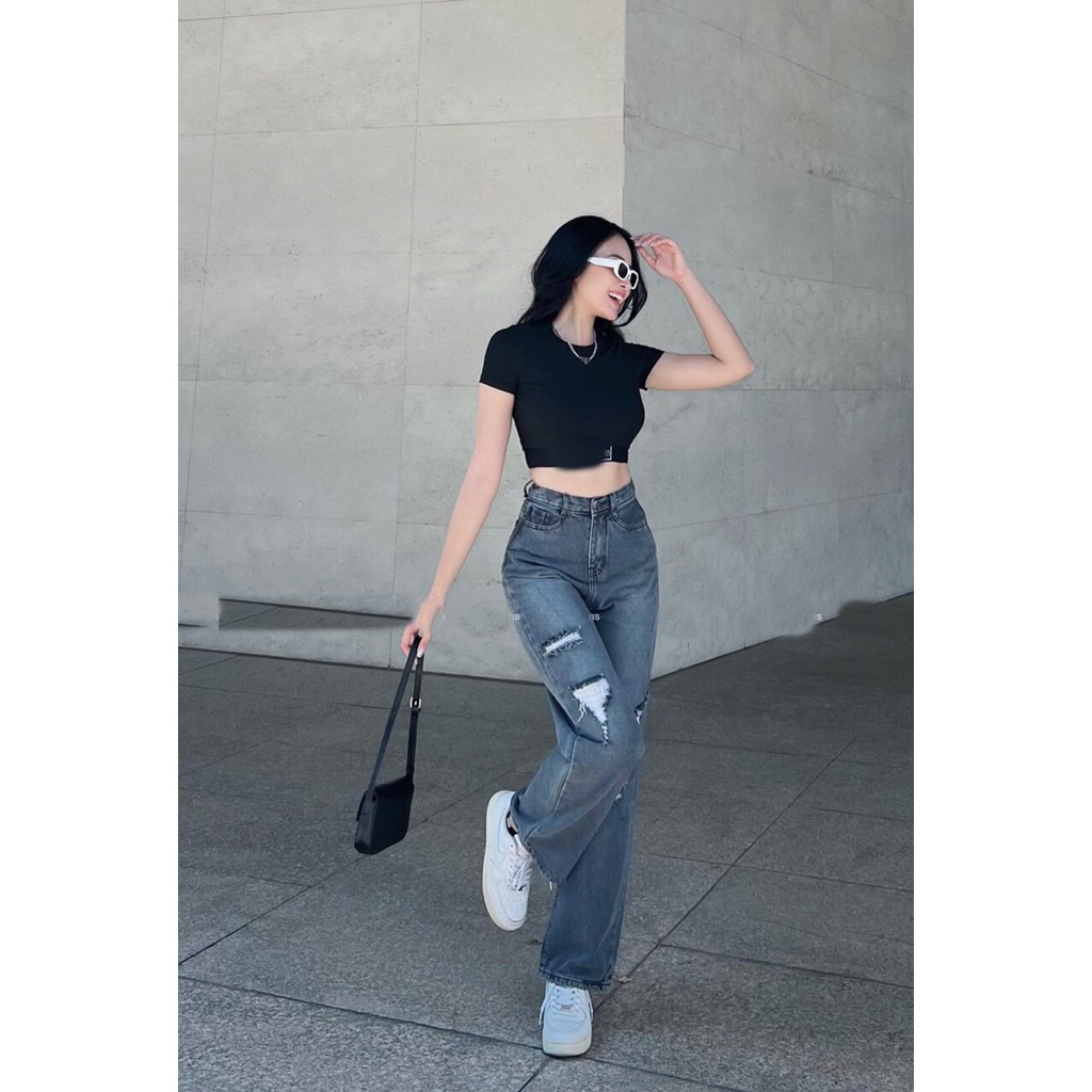 [ RẠNG ĐÔNG ] QUẦN JEANS ỐNG RỘNG NỮ LƯNG CAO RÁCH MẢNG NÚI 2 ĐÙI MÀU XÁM LAI CUỐN MỀM MỊN SIÊU PHONG CÁCH HOT HIT NITI