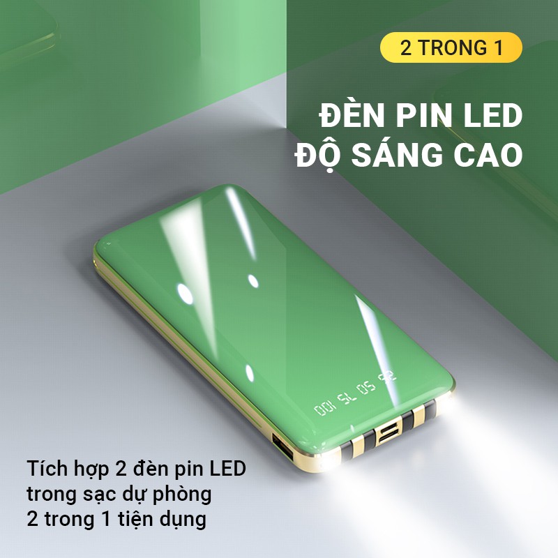 Pin sạc dự phòng 15000mAh nhỏ gọn Cát Thái KJ-A126 thiết kế mặt kính sang trọng có sẵn 4 cáp sạc Micro/Type-C/Lightning