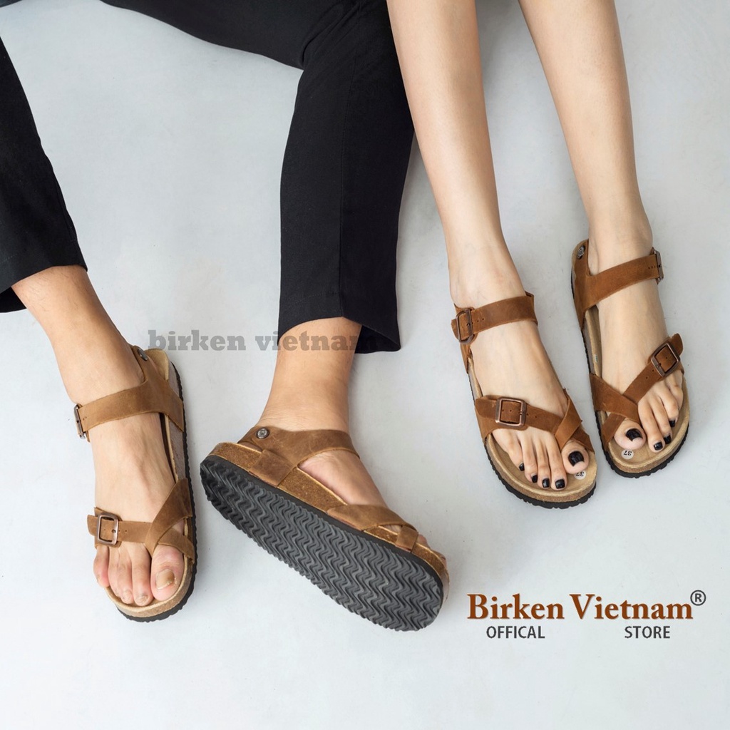 Mã D14 Sandal DA BÒ THẬT Đế Trấu Quai Xỏ Ngón Unisex Birken Vietnam Bioline