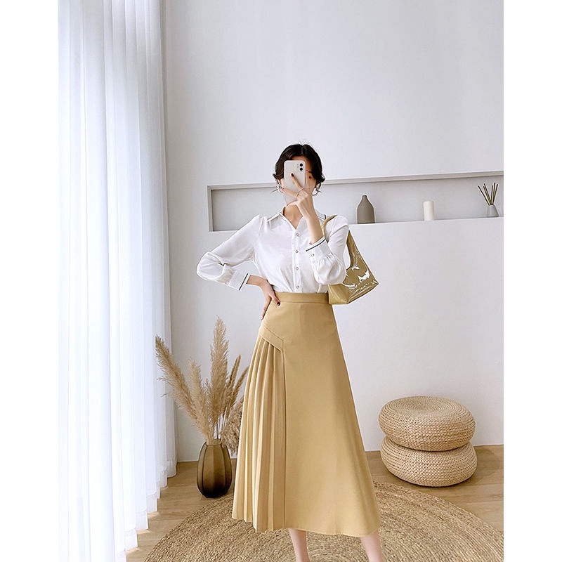 Chân váy dài vừa phải xếp ly dáng chữ A lưng cao thời trang mùa hè 2022 mỏng dành cho nữ