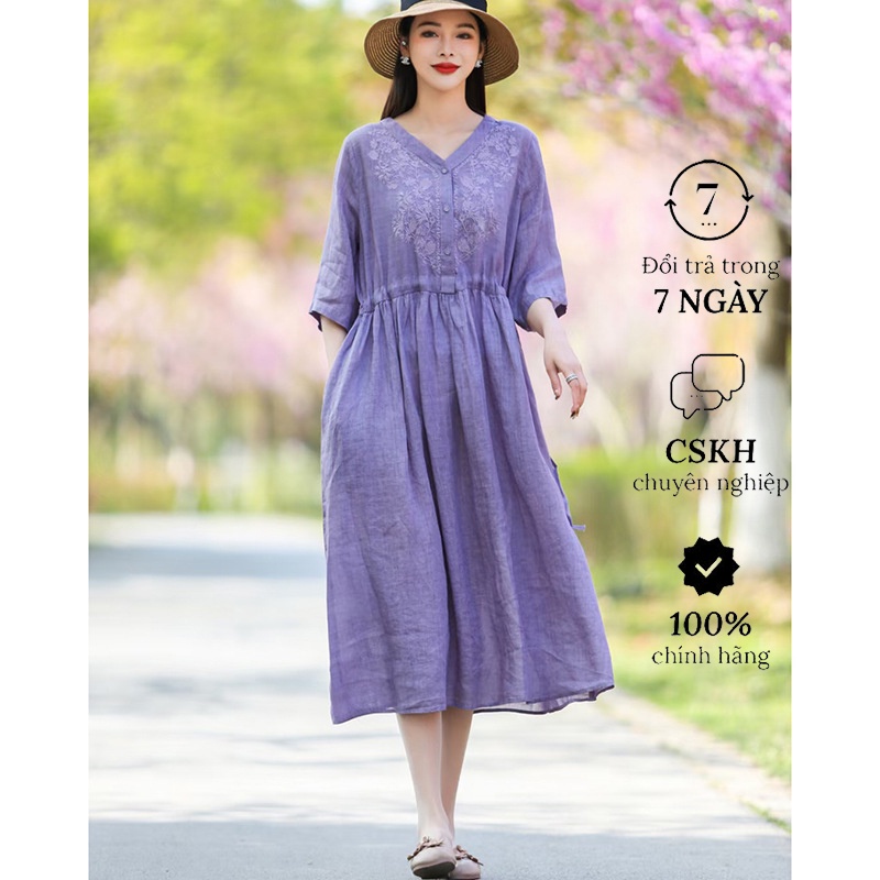 Đầm linen dáng suông thêu hoa tay lỡ,cô V phong cách trang nhã lịch sự
