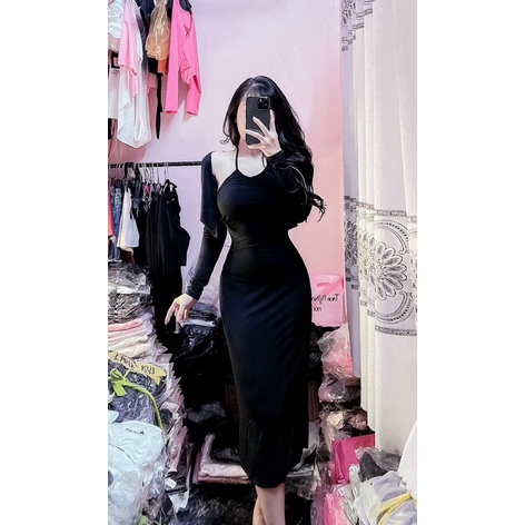 SET ĐẦM BODY CỔ YẾM DÁNG DÀI KÈM ÁO KHOÁC CHẤT THUN TRƠN LOẠI 1