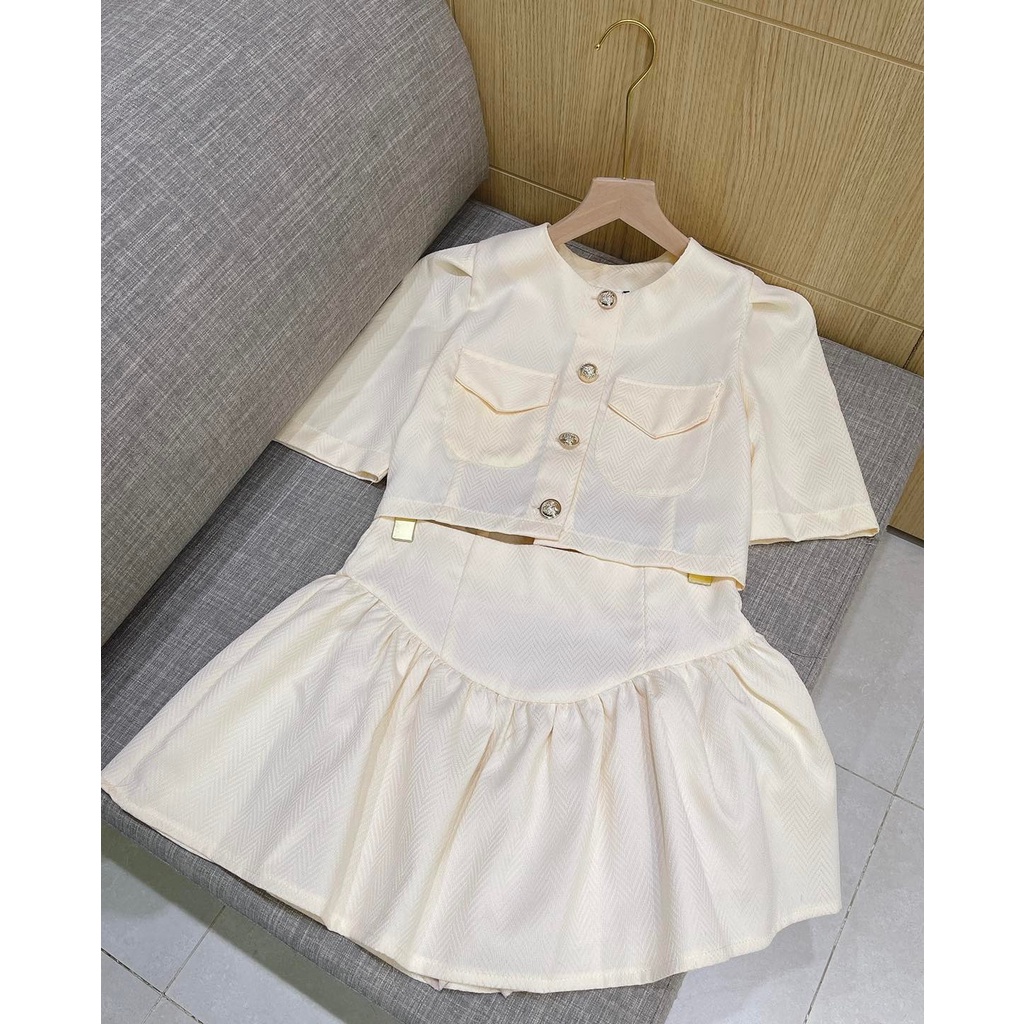 (HÀNG ĐẸP + ẢNH THẬT) Set 2 sản phẩm Áo khoác + Váy xòe xương cá DORY&amp;PONY - LS008 (màu Kem)