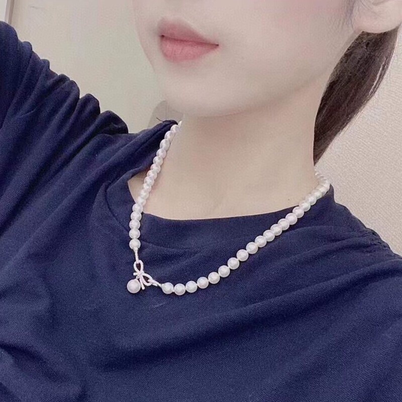 Dây chuyền hạt ngọc trai nhân tạo size 7-8ly khóa nơ bạc