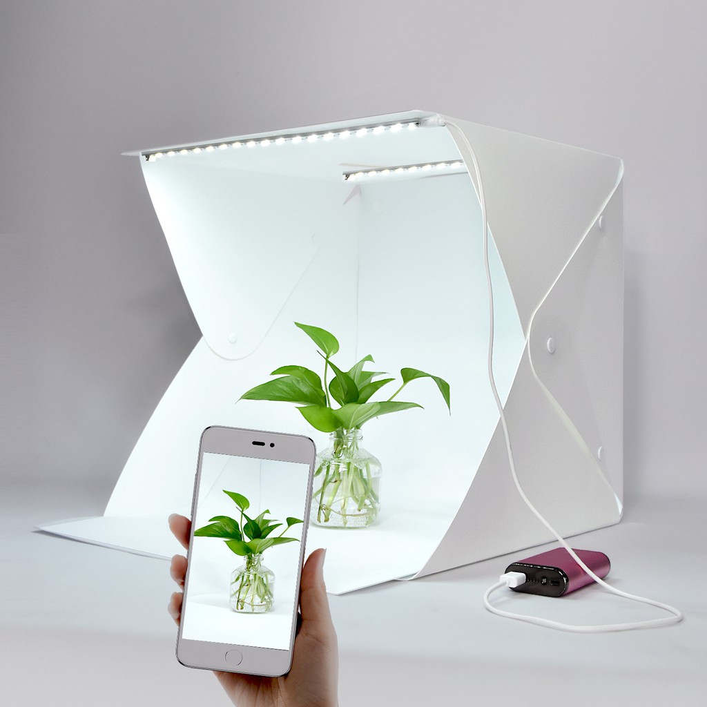 Hộp chụp hình sản phẩm Studio 40cm x 40cm gồm 2 dãy đèn led, phông nền 2 màu trắng đen