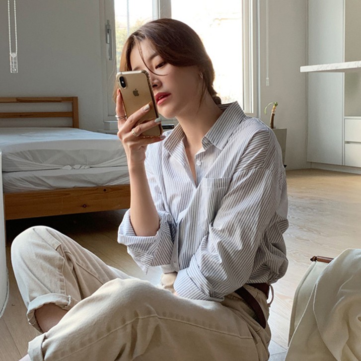 Áo sơ mi tay dài hoạ tiết kẻ sọc phong cách retro thời trang mùa thu dành cho nữ