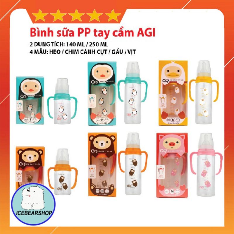 (ĐƯỢC CHỌN MẪU) Bình sữa Agi cổ hẹp có tay cầm + van chống sặc 140ml / 250ml cho bé