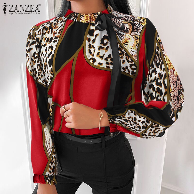Áo blouse nữ ZANZEA dáng rộng tay phồng in da báo thanh lịch