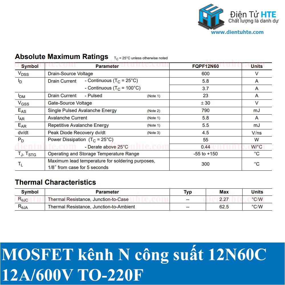 Combo 2 con N-MOSFET công suất FQPF12N60C 12N60C 12N60 12A 600V chính hãng [HTE Quy Nhơn CN2]