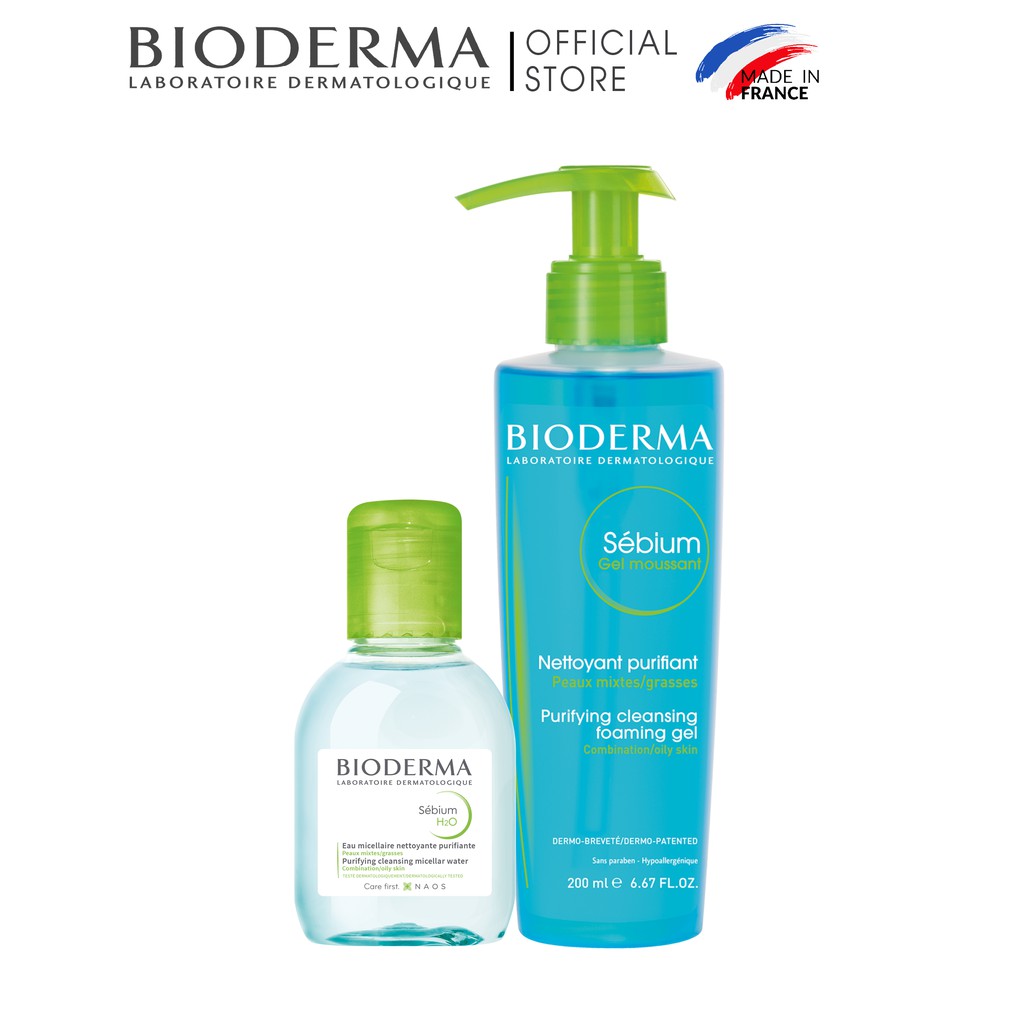 Bộ đôi làm sạch 2 bước cho da hỗn hợp và da dầu Bioderma Sebium Gel Moussant 200ml và Sebium H2O 100ml