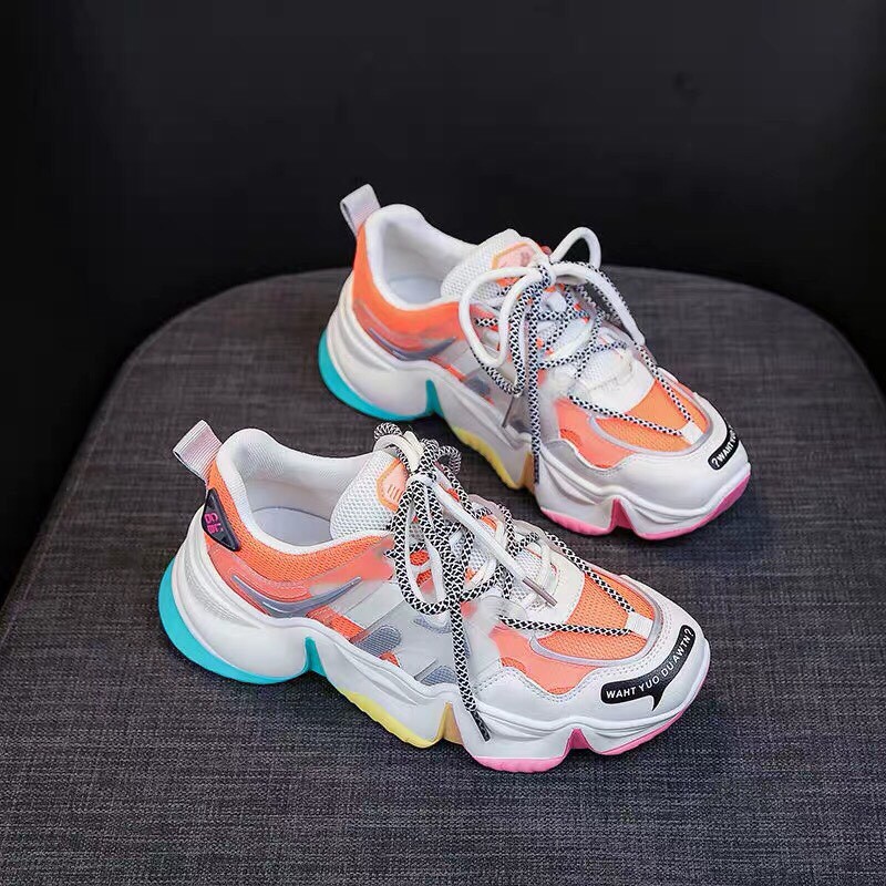 Giày thể thao nữ Ulzzang sneaker nâng độn đế cao 5cm viền rèm lượn sóng màu cam sắc cầu vồng hot trend