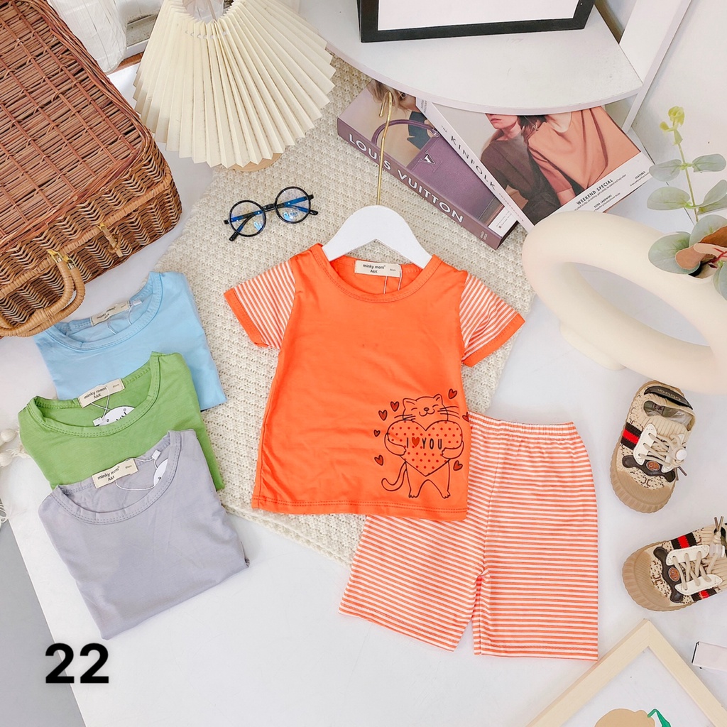 Bộ cọc tay quần sọc nhuyễn, thun lạnh minky mom,cho bé trai, gái từ 7kg đến 30kg M 22