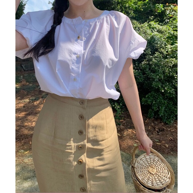 Set basic chân váy hàng nút + áo tay phồng Korea