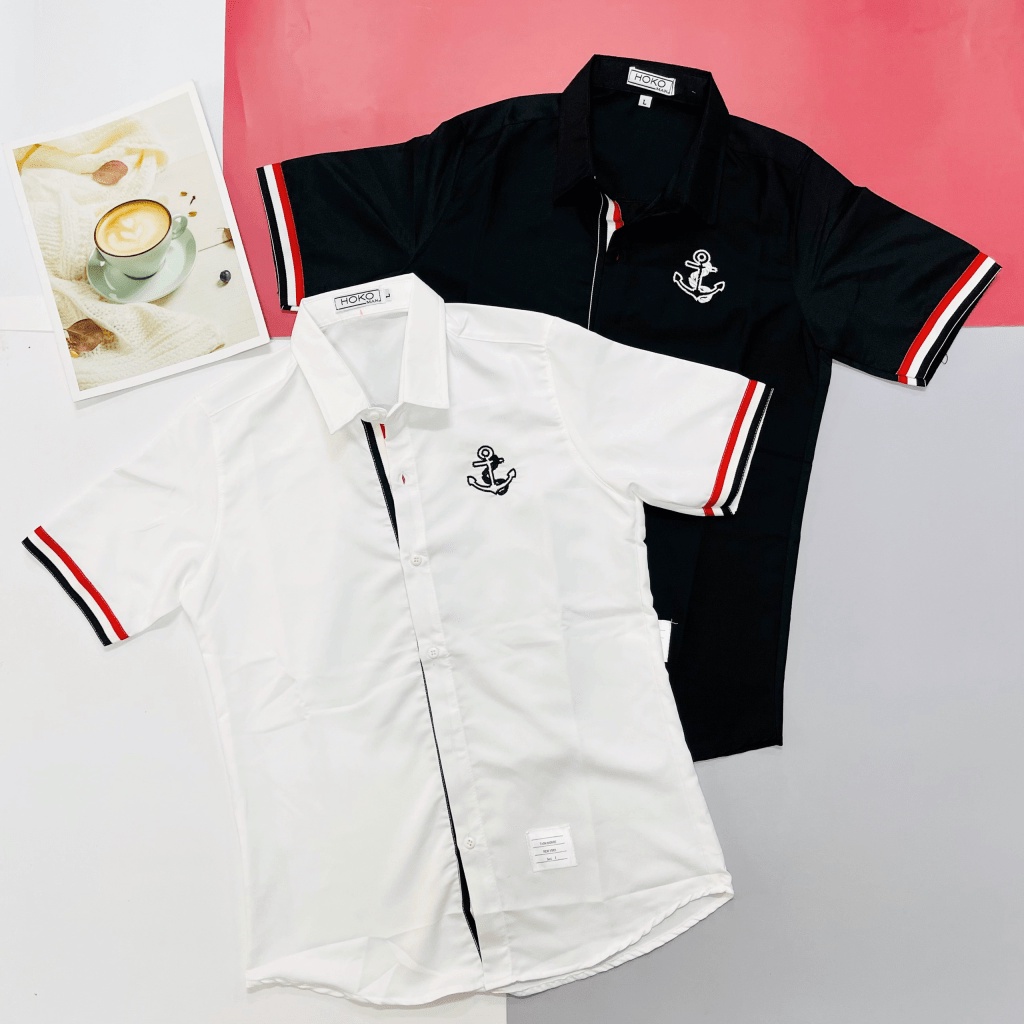 Áo Sơ Mi Nam Tay Ngắn Logo Thêu Mỏ Neo Phối Sọc Đỏ Đen Thiết Kế Tinh Tế Sang Trọng [NEW UNISEX]