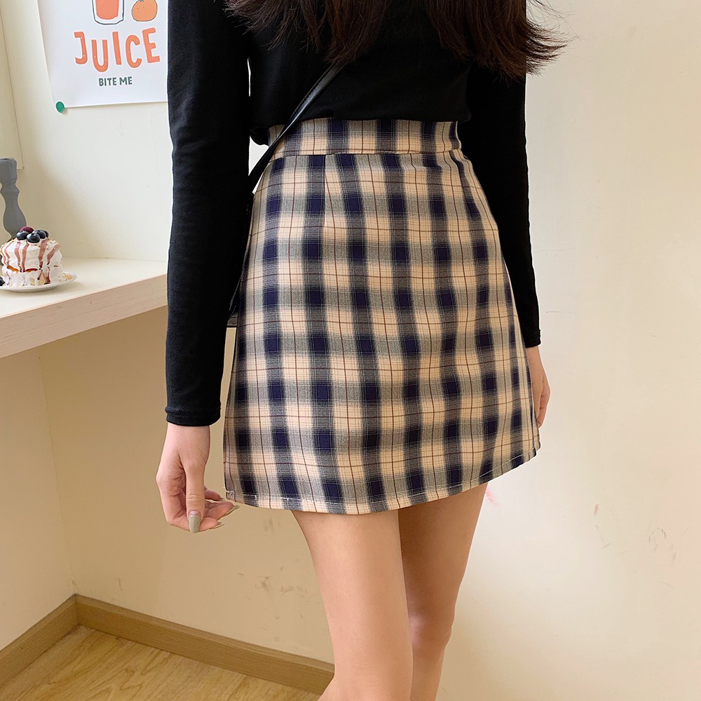 Chân váy ngắn Retro Dáng chữ A Kẻ sọc Caro Lưng cao Ulzzang Hàn Quốc Chân váy ngắn Cạp cao Thời trang | BigBuy360 - bigbuy360.vn