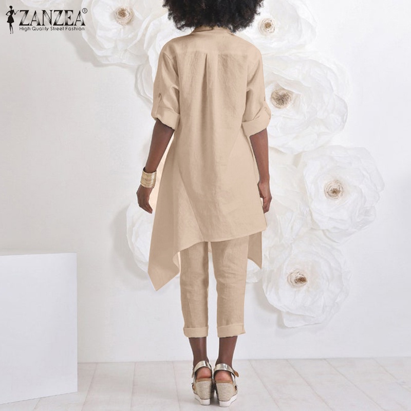 Set đồ 2 món ZANZEA gồm áo sơ mi không cân xứng kèm quần ống rộng vải cotton màu trơn phong cách vintage cho nữ