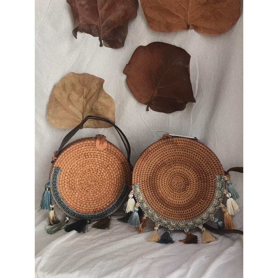 Túi Mây Hộp Tròn Đeo Chéo Họa Tiết Xinh Vắn Vintage Boho- Kích Thước : D20cm Và D16cm