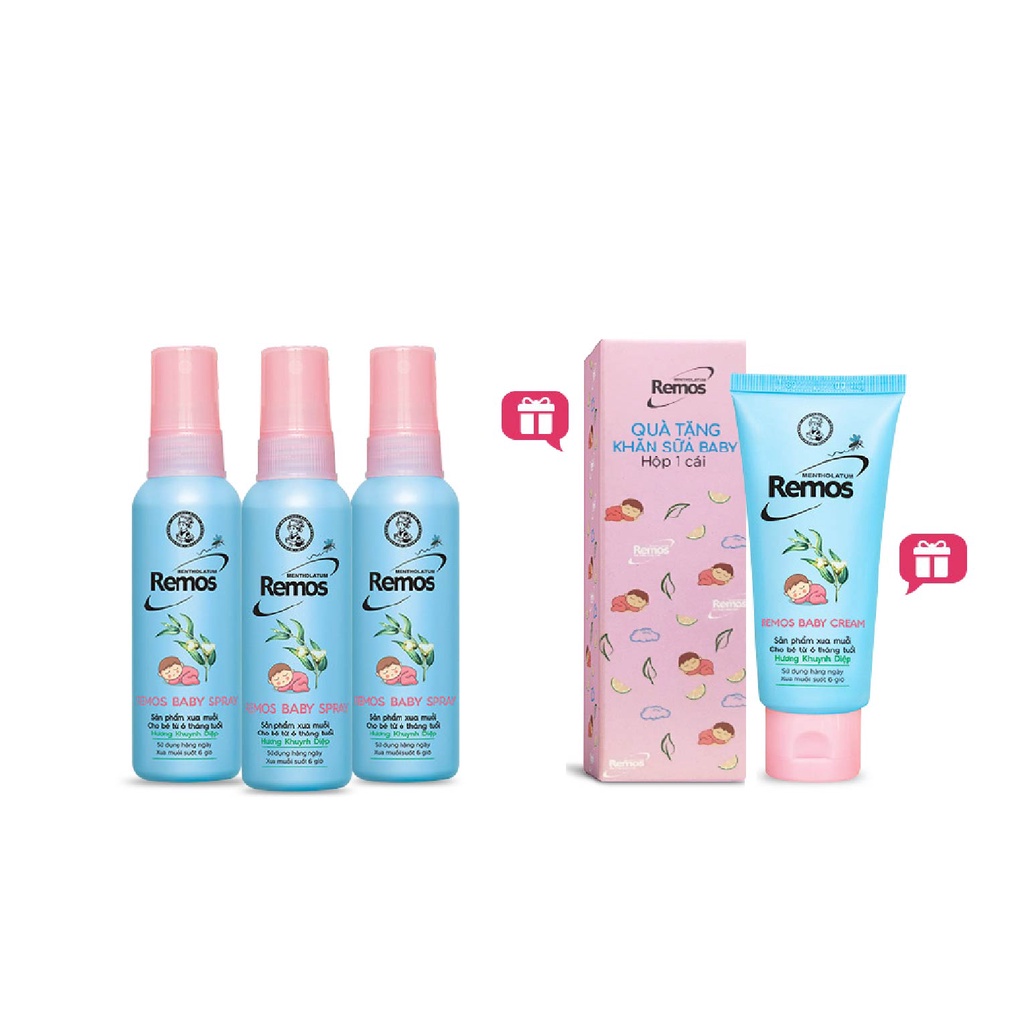 Bộ Remos chống muỗi cho bé:3 chai Remos Baby Spray(60mlx3)+Tặng Kem chống muỗi Remos Baby Cream70g&khăn sữa cho bé