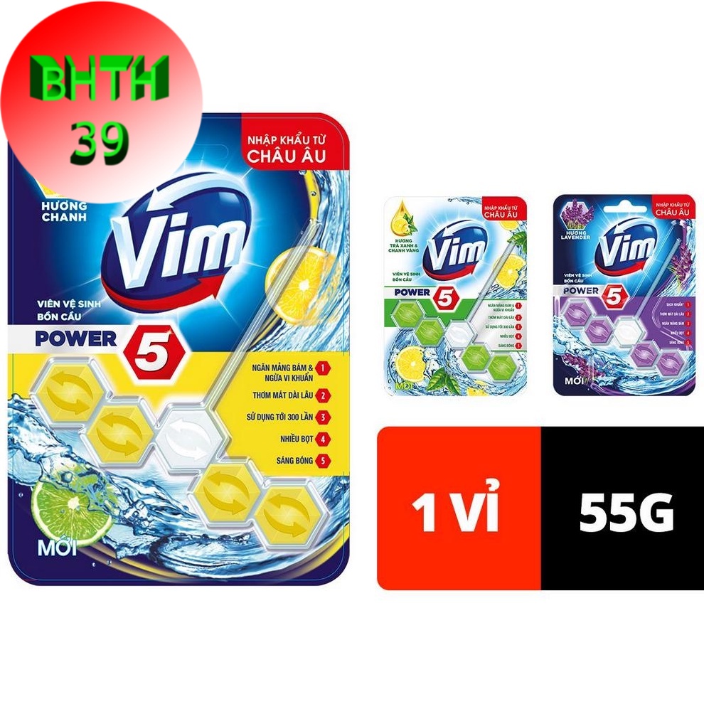 Viên Treo Bồn Cầu VIM POWER 5 sạch khuẩn thơm mát 55g/viên