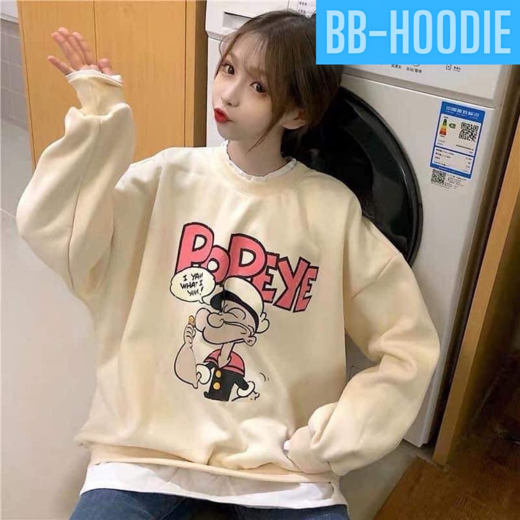 ÁO SWEATER NỈ UNISEX POPEYE NỮ MÀU KEM CỰC ĐEP, CHẤT VẢI DÀY,GIỮ ẤM CỰC TỐT