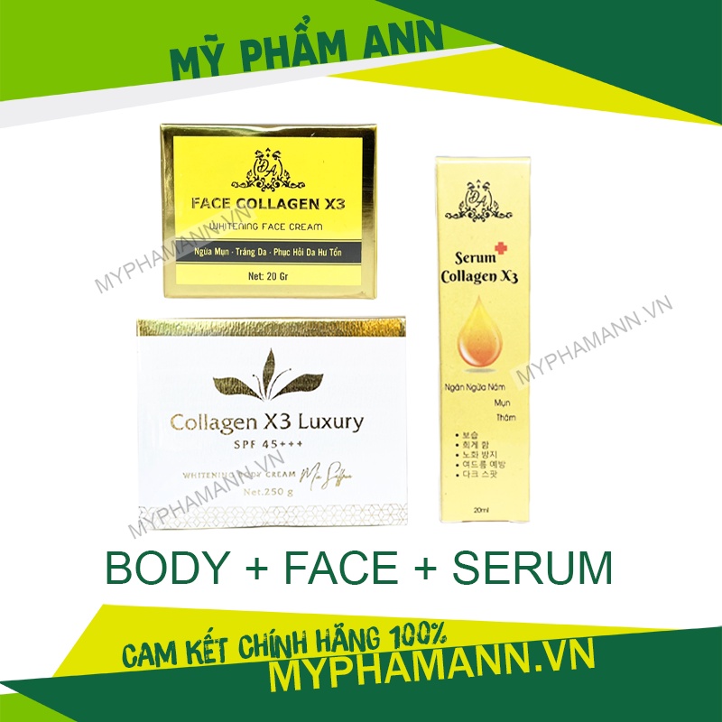Combo Mỹ Phẩm Đông Anh chính hãng (Kem Body Collagen X3 Luxury + Kem Face X3 + Serum Căng Bóng Da)