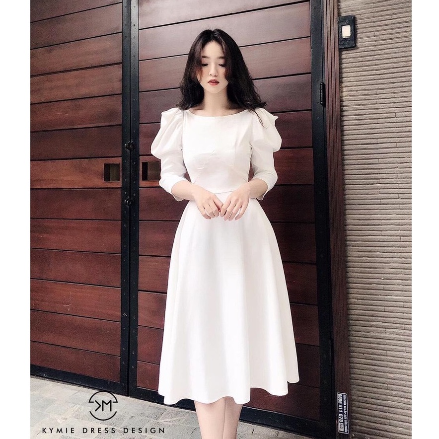 Gunkaymatter Đầm nữ dạ hội dáng xòe tay phồng chất For vuông thiết kế thanh lịch thích hợp mọi phong cách