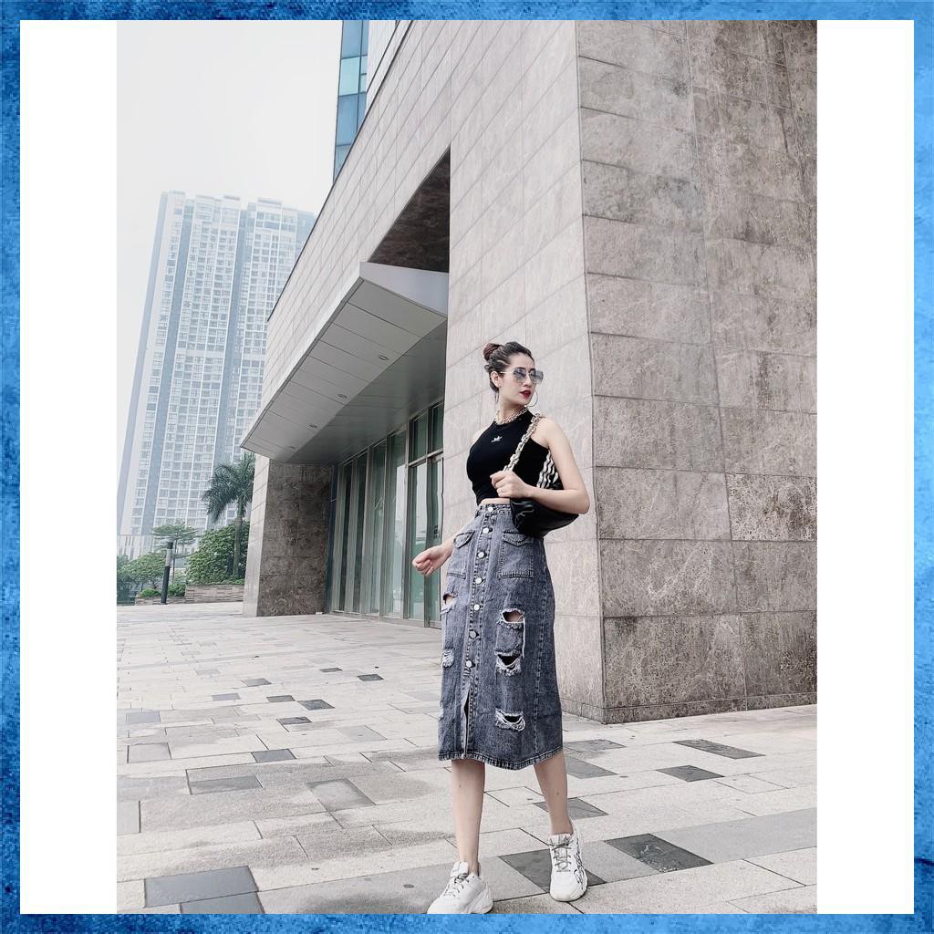 Chân váy jeans dáng dài, chân váy bò rách lưng cao túi nắp 1 khuy. Mã V0145