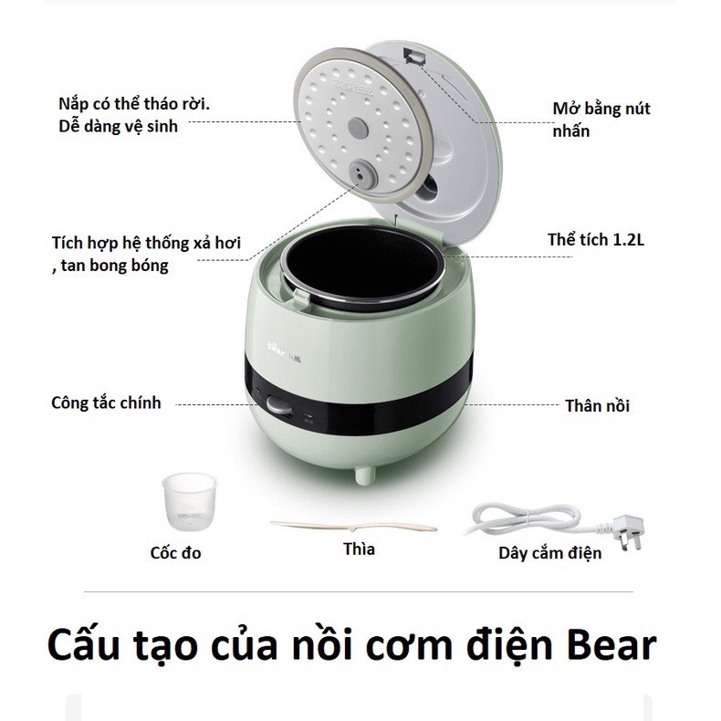 Nồi cơm điện mini BEAR dành cho 1-2 người ăn - Nhỏ gọn - Tiện ích - Công suất 350W - Dung tích 1.2L - Bảo hành 6 tháng