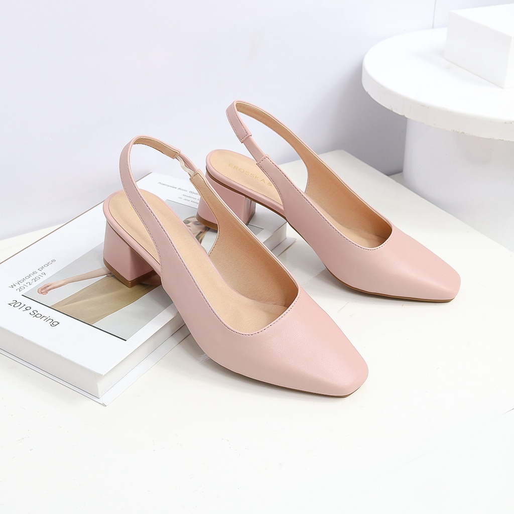 Giày cao gót phối dây quai mảnh gót đế vuông kiểu dáng slingback cao 5cm EL016