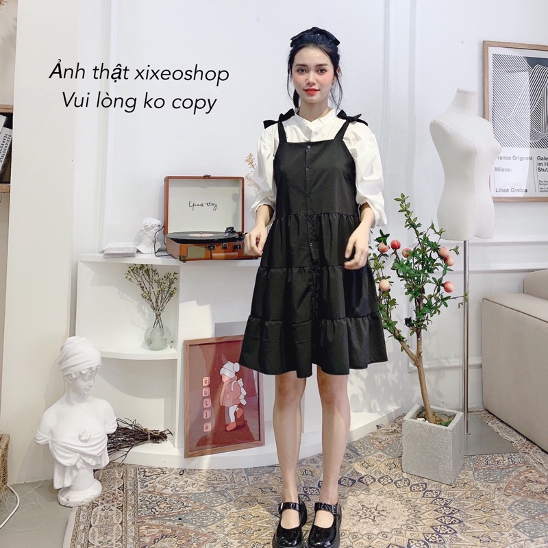 Váy yếm nữ kèm áo sơ mi trắng phong cách Hàn Quốc xixeoshop - v1 | BigBuy360 - bigbuy360.vn