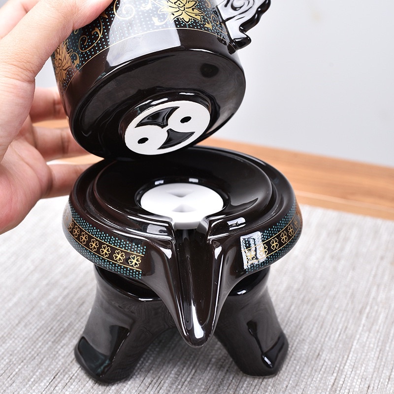 Bộ Ấm Chén Pha Trà Cối Xay Hoa Văn Xanh Vàng Đen Bóng(bao gồm Hộp Quà+ túi xách đi kèm