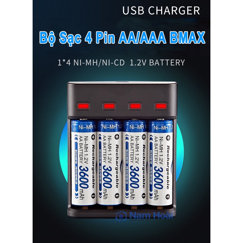 Bộ Sạc 4 Pin AA AAA BMAX BH-804U - Bộ Sạc Pin Tiểu - Pin Sạc AA AAA Hàng chính hãng
