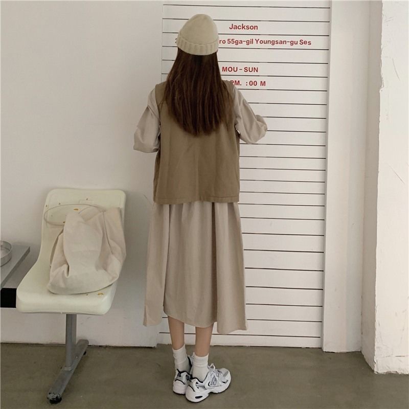 Set Đầm Kaki Dài Tay Và Áo Khoác Ghi Lê Phong Cách Trẻ Trung Dành Cho Nữ