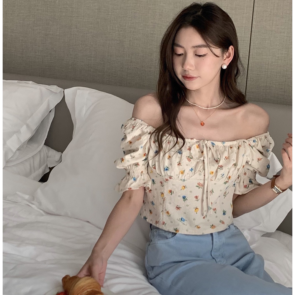 Áo Kiểu Tay Phồng Cổ Vuông In Họa Tiết Hoa Dễ Thương Phong Cách Pháp