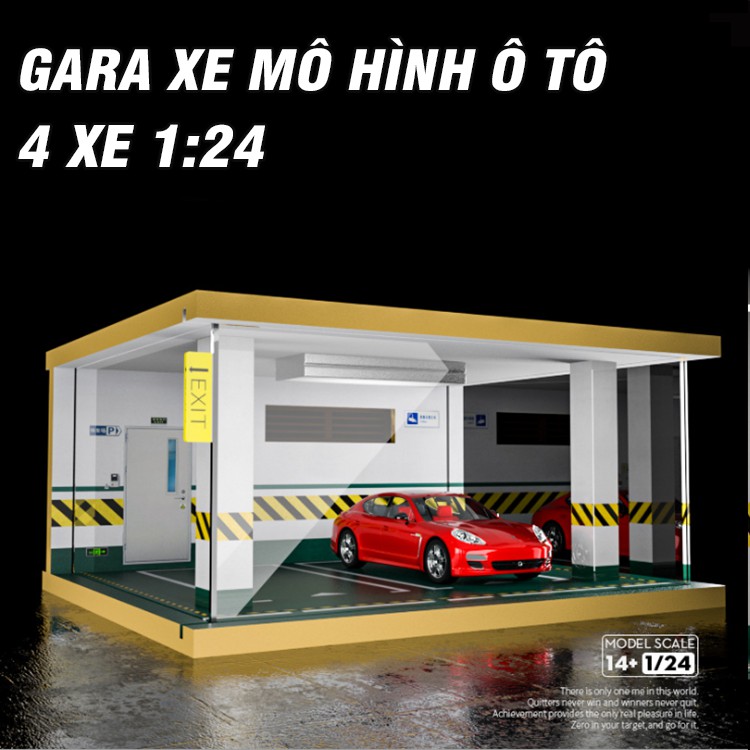 Gara xe mô hình ô tô tỉ lệ 1:24 bằng gỗ có đèn chiếu sáng để được 4 xe ô tô đồ chơi trẻ em